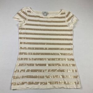 LOFT Sequin T-Shirt Ivory Gold Striped Short Sleeve Boat Neck Top Stretch Tee XS